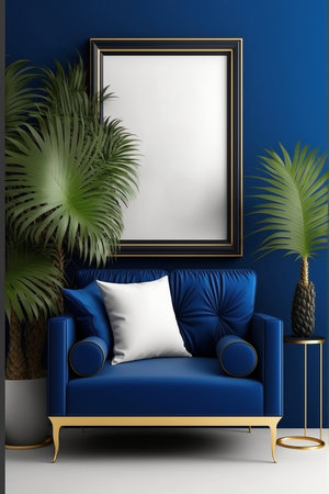 Blank picture frame in the blue color room, created with generative AIの素材