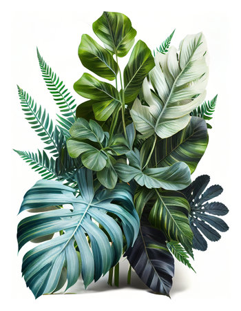 Tropical leaves foliage plant bush floral arrangement on the white background, created with generative AIの素材