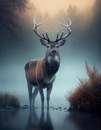 Deer standing in foggy morning, created with generative AIの素材