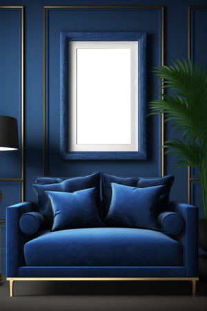 Blank picture frame in the blue color room, created with generative AIの素材