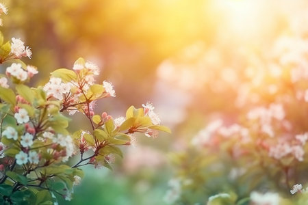 Springtime tree flowers backdrop with bokeh, created with generative AIの素材