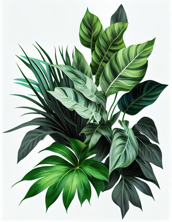 Tropical leaves foliage plant bush floral arrangement on the white background, created with generative AIの素材