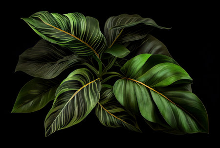 Tropical leaves foliage plant bush floral arrangement on the black background, created with generative AIの素材