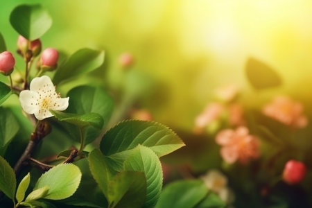 Springtime tree flowers backdrop with bokeh, created with generative AIの素材