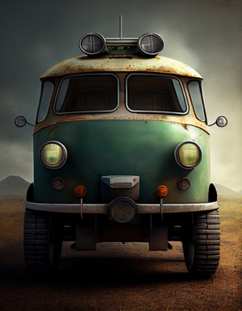 Vintage van driving in the desert, eated with generative AIの素材