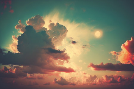 Cloudy pastel colored sky in sunset, created with generative AIの素材