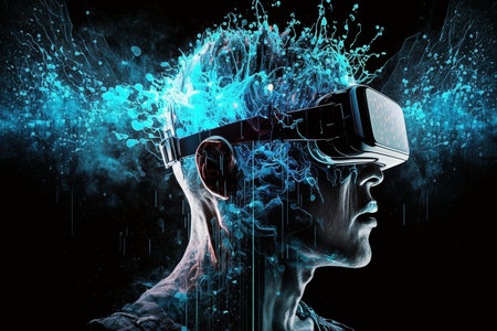 Man wearing a virtual reality glasses, futuristic concept, created with generative AIの素材