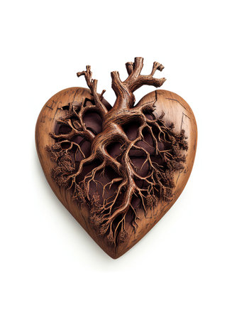 Wooden heart on the white background, created with generative AIの素材