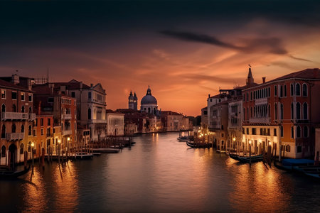Panoramic night view at the Venice, Italy, created with generative AIの素材