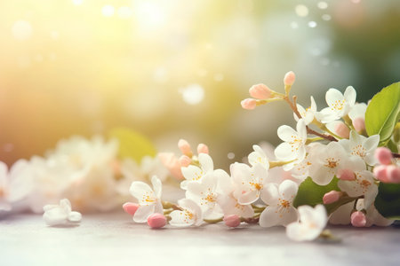 Springtime tree flowers backdrop with bokeh, created with generative AIの素材