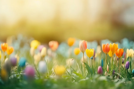 Spring flowers closeup in the field, created with generative AIの素材