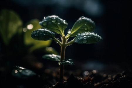 Closeup of the young plant with water drops, created with generative AIの素材