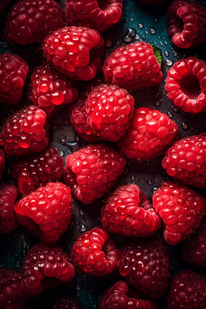 Pile of the fresh raspberries fruits, created with generative AIの素材