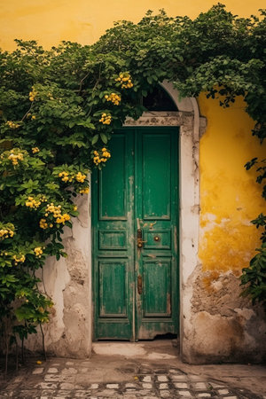 Green Mediterranean door on old house, created with generative AIの素材