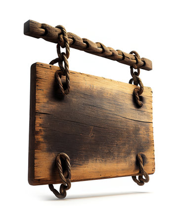 Wooden signboard hanging on the chains on the white background, created with generative AIの素材