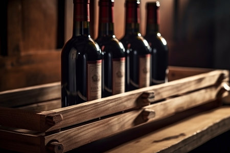 Red wine bottles standing on wooden shelf, created with generative AIの素材