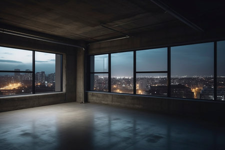 Large loft space with city view window at dusk, created with generative AIの素材