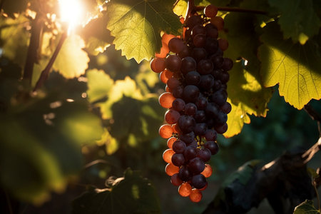 Grapes hanging from a vine on a sunny day in the vineyard, created with generative AIの素材