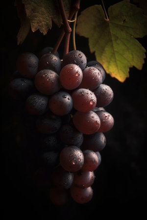 Grapes hanging from a vine on a sunny day in the vineyard, created with generative AIの素材