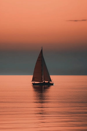 Sailbot floating on the calm water surface, created with generative AIの素材