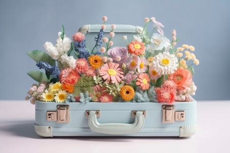 Suitcase filled with spring and summer flowers on simple background, created with generative AIの素材