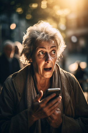 Portrait of the shocked woman after news from the mobile phone, created with generative AIの素材