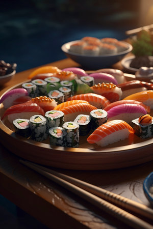 Colorful sushi platter, created with generative AIの素材