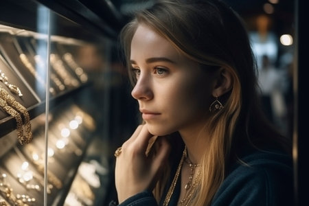 Young woman looking at jewelry store window, created with generative AIの素材