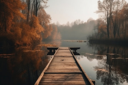 Wooden jetty on a calm autumn lake, created with generative AIの素材