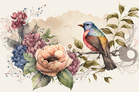 Vintage watercolor painting of flowers and a bird, created with generative AIの素材