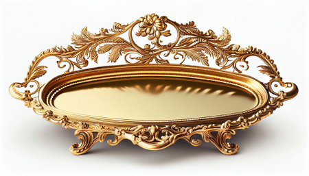 Vintage gold tray isolated on the white background, created with generative AIの素材