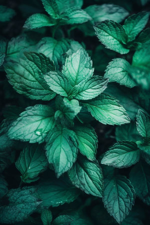 Green mint leaves closeup, created with a generative AIの素材