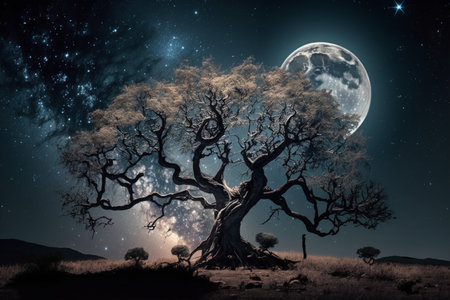 Old tree under  the full moon, created with generative AIの素材