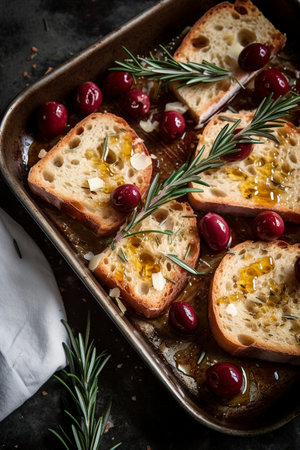 Pan of bread slices with a olives, rosemary and salt, created with generative AIの素材
