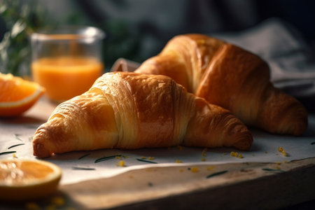 Croissant with orange juice on the table for breakfast, created with generative AIの素材