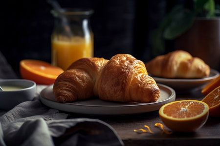 Croissant with orange juice on the table for breakfast, created with generative AIの素材