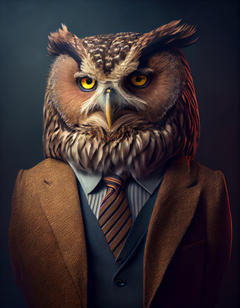 Owl wearing a business suit, created with generative AIの素材