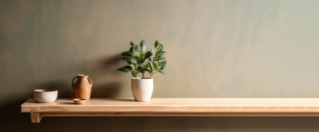 Cream color wall mock up with vase and green plant in the apartment, created with generative AIの素材