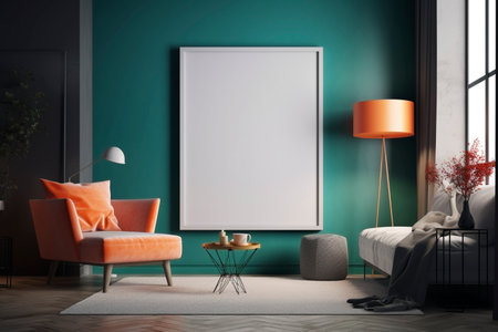 Empty mockup poster frame in the room with a comfortable chair, created with generative AIの素材