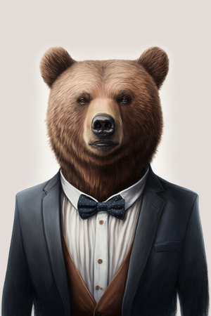 Bear dressed in the formal business suit on the white background, created with generative AIの素材