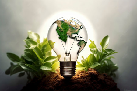 Light bulb with green plant planet earth as a ecology concept, created with generative AIの素材