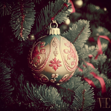 Christmas tree decoration closeup, created with generative AIの素材