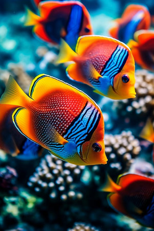 Colorful fishes from great barrier reef, created with a generative AIの素材