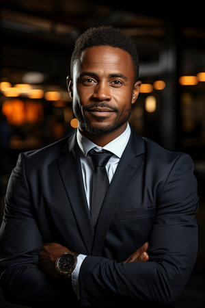 Handsome confident young African American businessman standing in the office, created with generative AIの素材