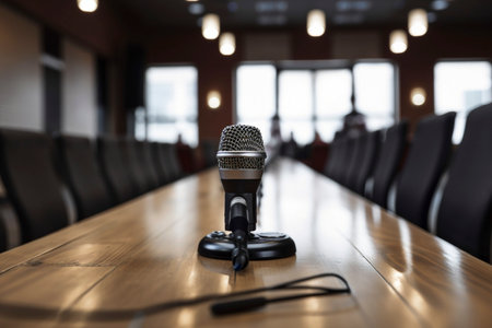 Microphone in conference seminar room, created with a generative AIの素材