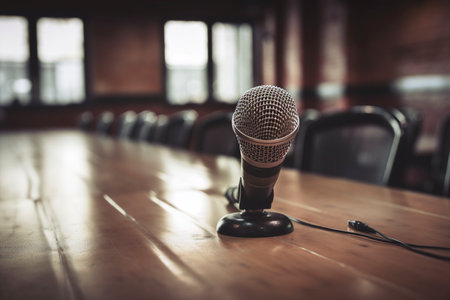Microphone in conference seminar room, created with a generative AIの素材