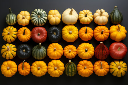 Top view at a different pumpkins, created with generative AIの素材