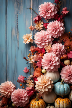 Pumpkins flat lay view on a blue wood background, created with generative AIの素材