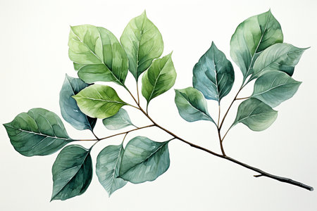 Branch with leaves on the white background, created with generative AIの素材
