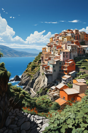 Simple illustrations of cliffs at Manarola town in Italy, created with generative AIの素材